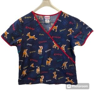 RUDOLF the RED-NOSED REINDEER Scrub Top, Christmas Holiday Scrub Top, Sz Medium